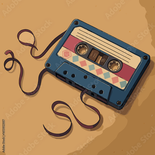 Ilustração vetorial de uma fita cassete com fita magnética desenrolada, etiquetas coloridas e design nostálgico, estilo limpo e minimalista. IA generativa

