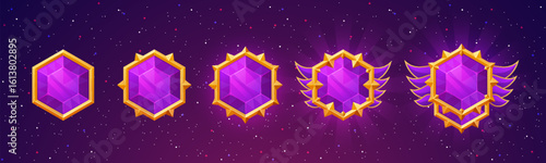 Gemstone buttons with fancy gold frames for games. Cute, colorful crystal banners with gold medieval borders for your user interface.