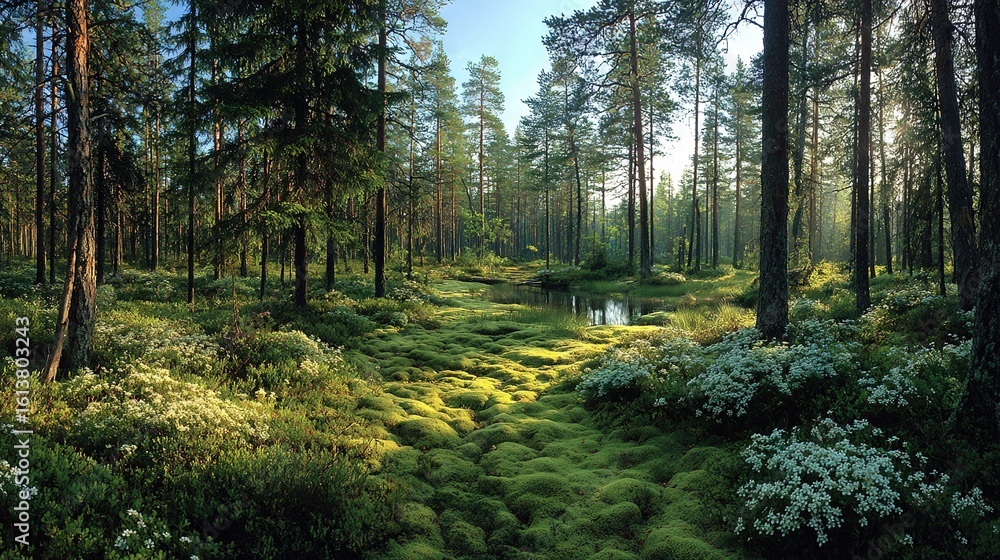 Obraz premium A forest brimming with lush greenery and white blossoms runs alongside towering trees