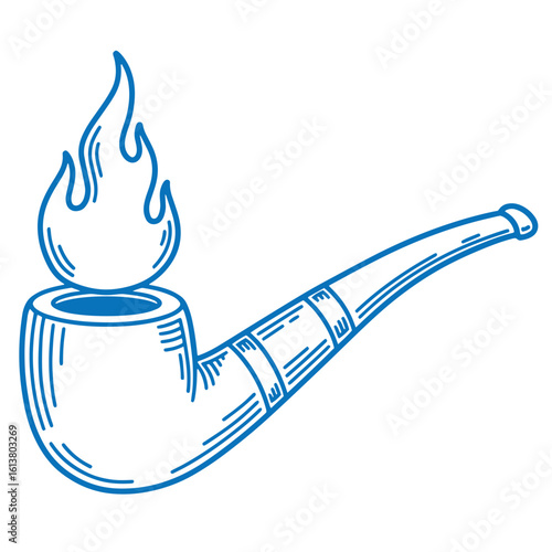 Vector illustration of a burning tobacco pipe in blue outlined artistic style
