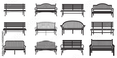 set vector various benches silhouettes