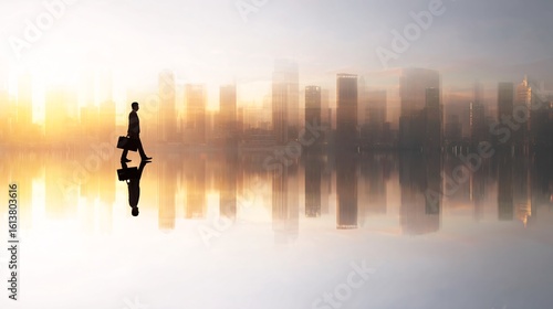 Silhouette of Businessperson Walking Towards City Skyline at Sunrise
