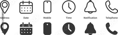 Contact us signs. Location and contact icons. Calendar and time. Simple symbols. Vector illustration