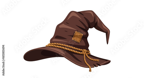 Rustic worn witch hat with bent tip and rope tie in detailed vector illustration