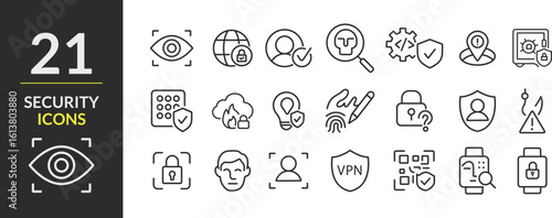 Modern Cybersecurity and Privacy Line Icons – 21 Minimalist Vector Symbols for Digital Protection and Tech UI Design
