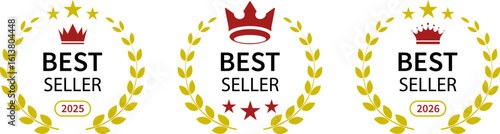 Best seller award badge in gold color. Vector