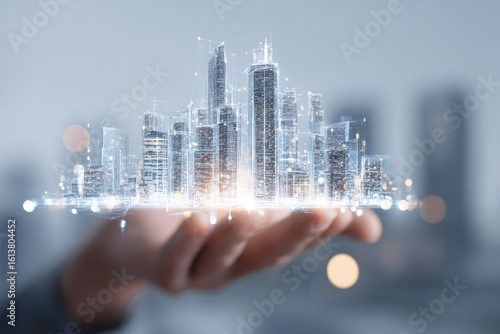 Fototapeta Naklejka Na Ścianę i Meble -  Holographic city model in a hand. Blurry, glowing structures