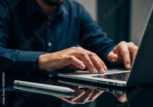 A photorealistic, cinematic shot of a professional in a dark shirt, seated at a glossy, reflective desk in a low-light environment. The primary focus is on his hands as they type on a modern laptop. D