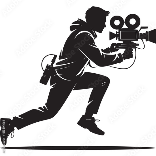 Silhouette of a man running with a vintage camera on a white background in vector format art on transparent background