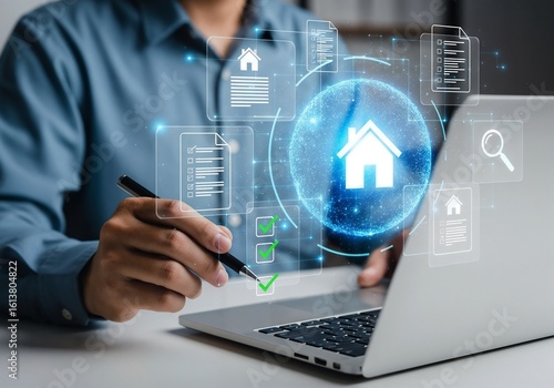 A photorealistic, cinematic shot of a professional at a desk, viewed from a front-side angle. The primary focus is on an intricate, glowing blue holographic interface floating above a laptop. This fut