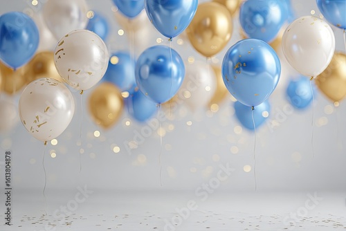 Party balloons in gold, blue, and white