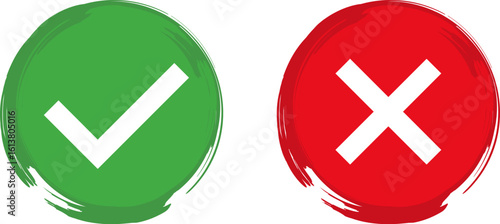 Check mark and cross mark symbols. Yes and No signs. Signs in green and red colored. Confirmation mark