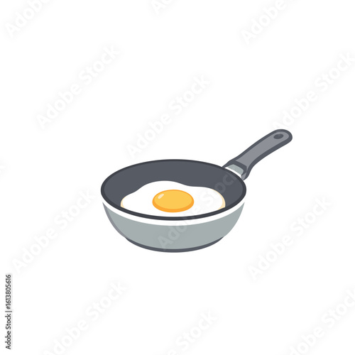 A fried egg cooking in a metal non-stick frying pan on a white background with a gray handle, representing a simple breakfast meal.