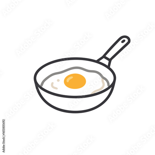 A fried egg cooking in a simple black pan on a white background in a minimalist illustration style.