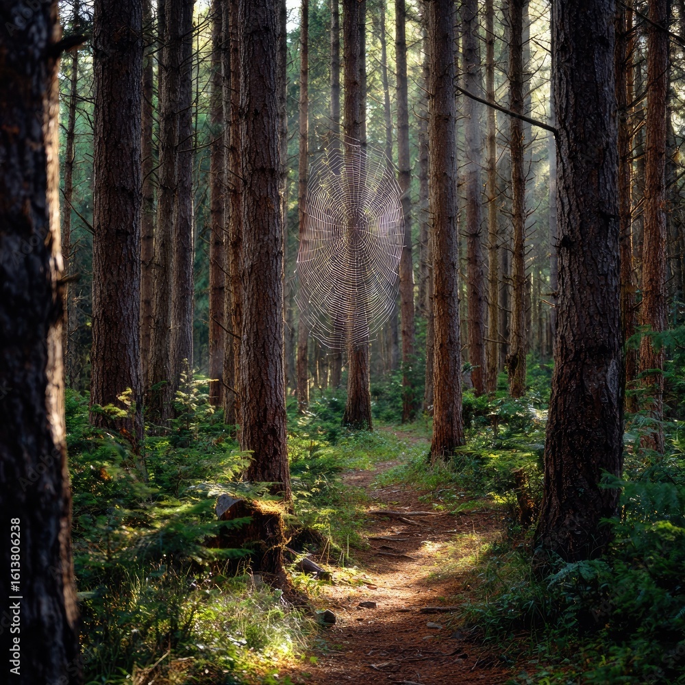 Fototapeta premium Sunlit path through a dense pine forest
