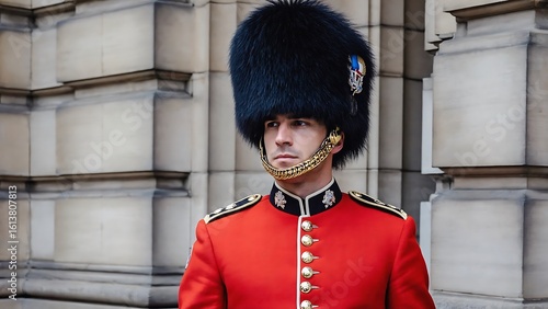 A stoic British Royal Guard stands in his iconic uniform, symbolizing tradition and national pride.