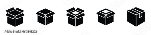 Vector design of open box icon in black color. Represents unpacking, shipping, packaging, and logistics themes.