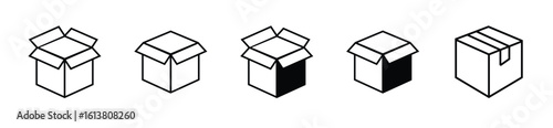 Open box vector icon set in black style, simple and minimal design.