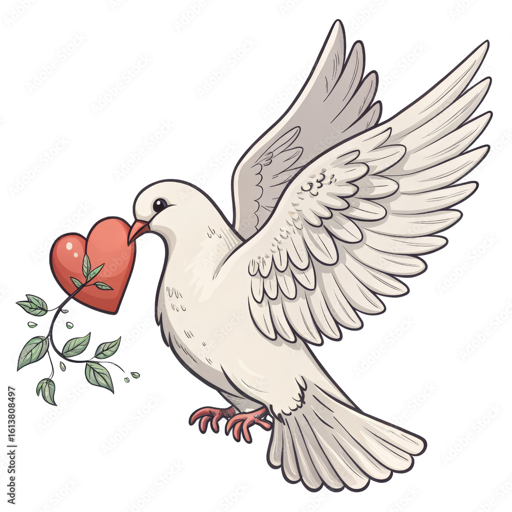 Obraz premium White Dove with Heart and Branch, Cartoon Illustration, Isolated on Transparent Background, bird, love, peace