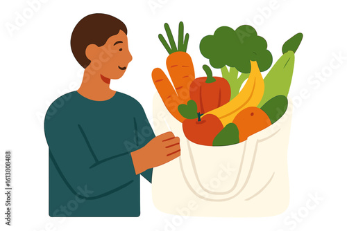 Eco-friendly canvas bag featuring organic produce including vegetables and fruits