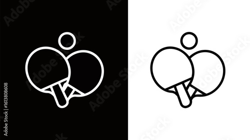 Minimalist Ping Pong Paddle Icon:  Black and White Line Art, Sport Graphic, Table Tennis Equipment
