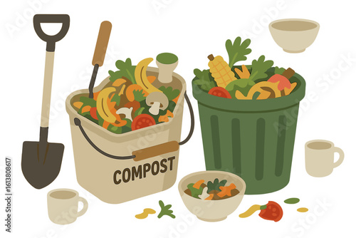 Vector illustration of worm composting, including vermicomposter components and schematic design, for recycling organic waste into organic fertilizer, in a hand drawn style