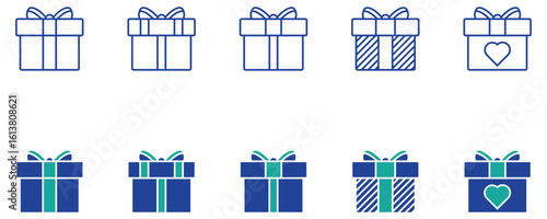 Collection of gift and present box icons in black silhouette and outline. Ideal for Christmas, celebration, and holiday graphics.