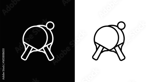 Ping Pong Paddle Icon: Minimalist Line Art, Two Paddles and Ball, Black and White Design, Sport Graphic.