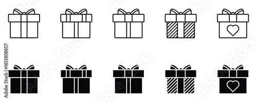 Black various gift box icons. Present, surprise, and Christmas gift silhouettes in outline style for graphic resources.