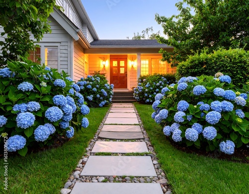 Fototapeta Naklejka Na Ścianę i Meble -  Home exterior at dusk with landscaping