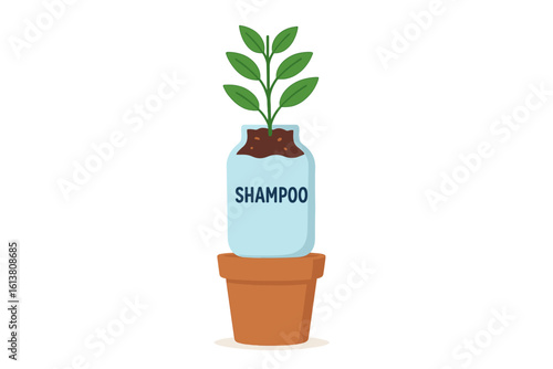 EPS 10 vector thin line illustration of upcycling concept, featuring plastic bottles reuse as pots for plant germination and a sign for reuse and upcycling