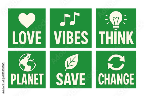 Collection of Vector lettering posters or cards featuring a motivational phrase that promotes an eco friendly lifestyle, accompanied by an illustration of leaves and a text slogan