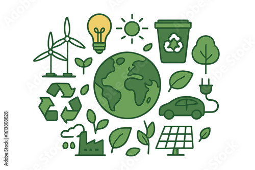 Global warming and sustainable development concept with environmental CO2 and green business from renewable energy represented through a vector background image and flat icon vector illustration