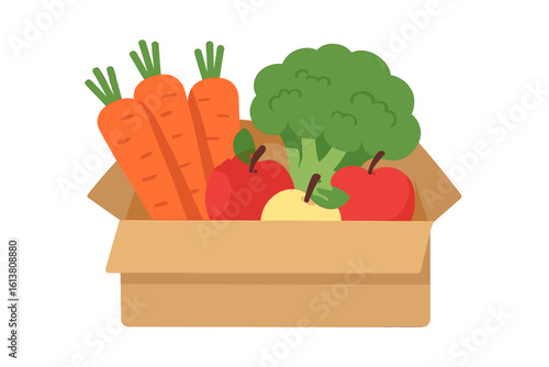 Illustration of environmentally responsible behavior through composting, featuring a wooden box filled with fruit and vegetable scraps, greens, and shells, promoting garbage sorting, recycling