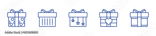 Blue gift, present, and surprise box symbols. Outline and silhouette icon set for Christmas and festive graphic design.