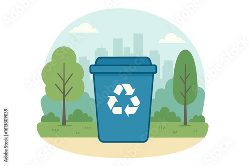 Vector illustration of a recycle concept featuring a recycling bin set against a green city background, symbolizing ecology and environment conservation through sustainable resources