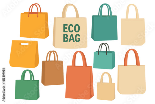 Ecological reusable canvas bags are featured in a seamless pattern with tote bags