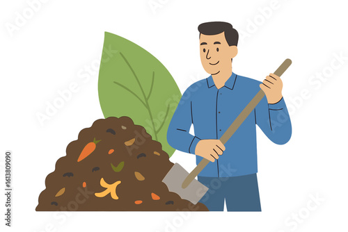 Vector illustration of a man making compost, representing the zero waste concept through composting