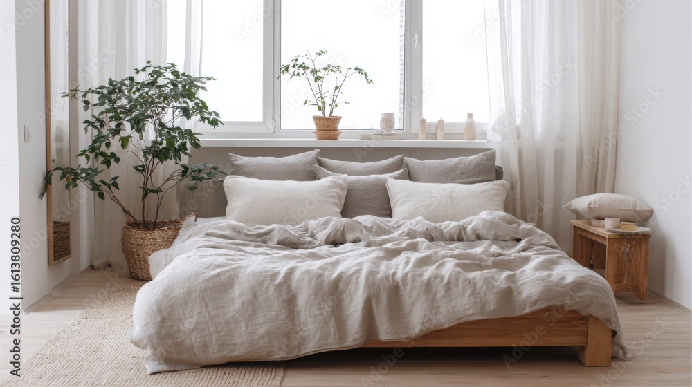 Naklejka premium Scandinavian bedroom interior, soft neutral tones, wooden bed frame, linen bedding, natural light, minimalist decor, cozy atmosphere 