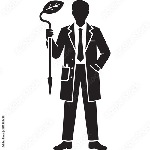 Silhouette of a scientist in a lab coat holding a staff with a leaf at the top in black and white on transparent background