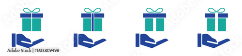 Hands offering wrapped gift box icon set. Celebration, holiday, and surprise present vector illustration.