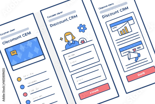 Three angled crm interface designs with various layouts and graphical elements in a clean presentation
