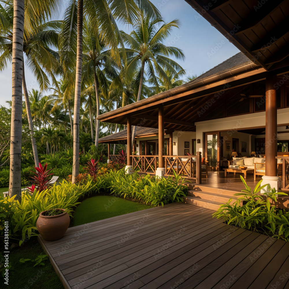 Fototapeta premium Tropical Villa with Wooden Veranda and Lush Garden at Golden Hour