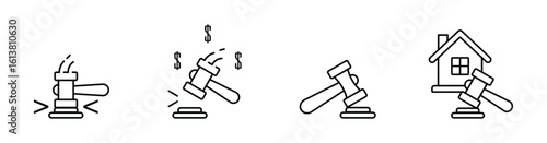 Minimal hammer symbol in monoline stroke style. Vector illustration of construction and repair tool used to hit, pull, tap, break, or drive objects.