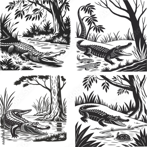 Black and White Alligator Etching  Linocut Wildlife Illustration