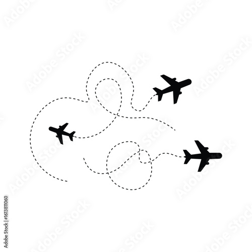 Airplane Flight Path Vector Illustration with Dotted Lines on White Background for Travel and Aviation Designs
