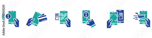 Mobile Online Payment Line Icon Vector Set with Smartphone Money Transfer