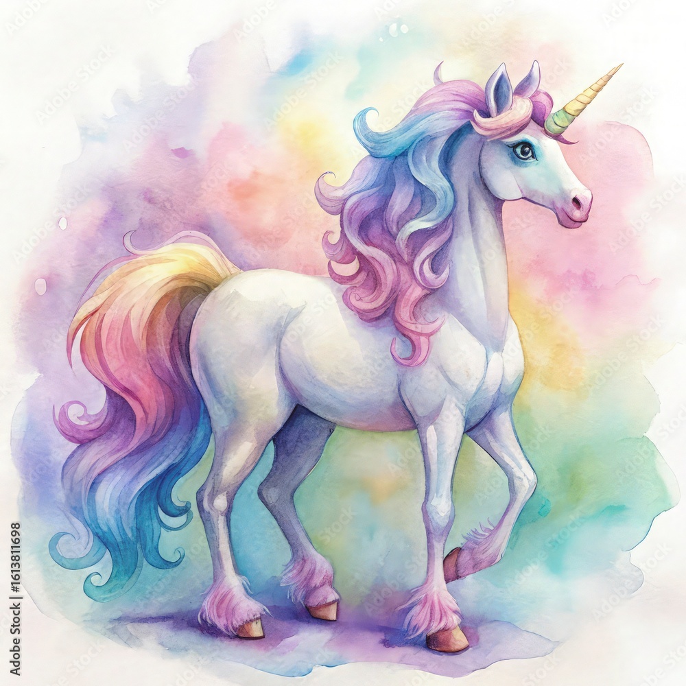 Fototapeta premium A magical unicorn with a pastel rainbow-colored mane and tail, standing gracefully with one hoof slightly lifted. Its fur is pure white, and it has a golden spiral horn that glows slightly