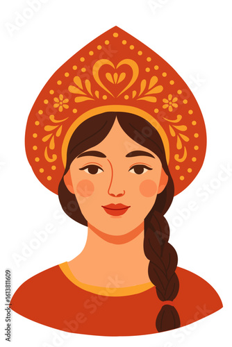 Traditional Russian woman in red kokoshnik with braid and folk ornament