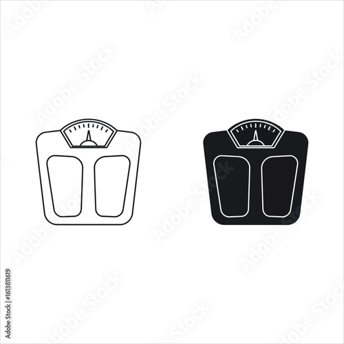 Black and white outline and solid silhouette of a bathroom scale weight scale weighing machine